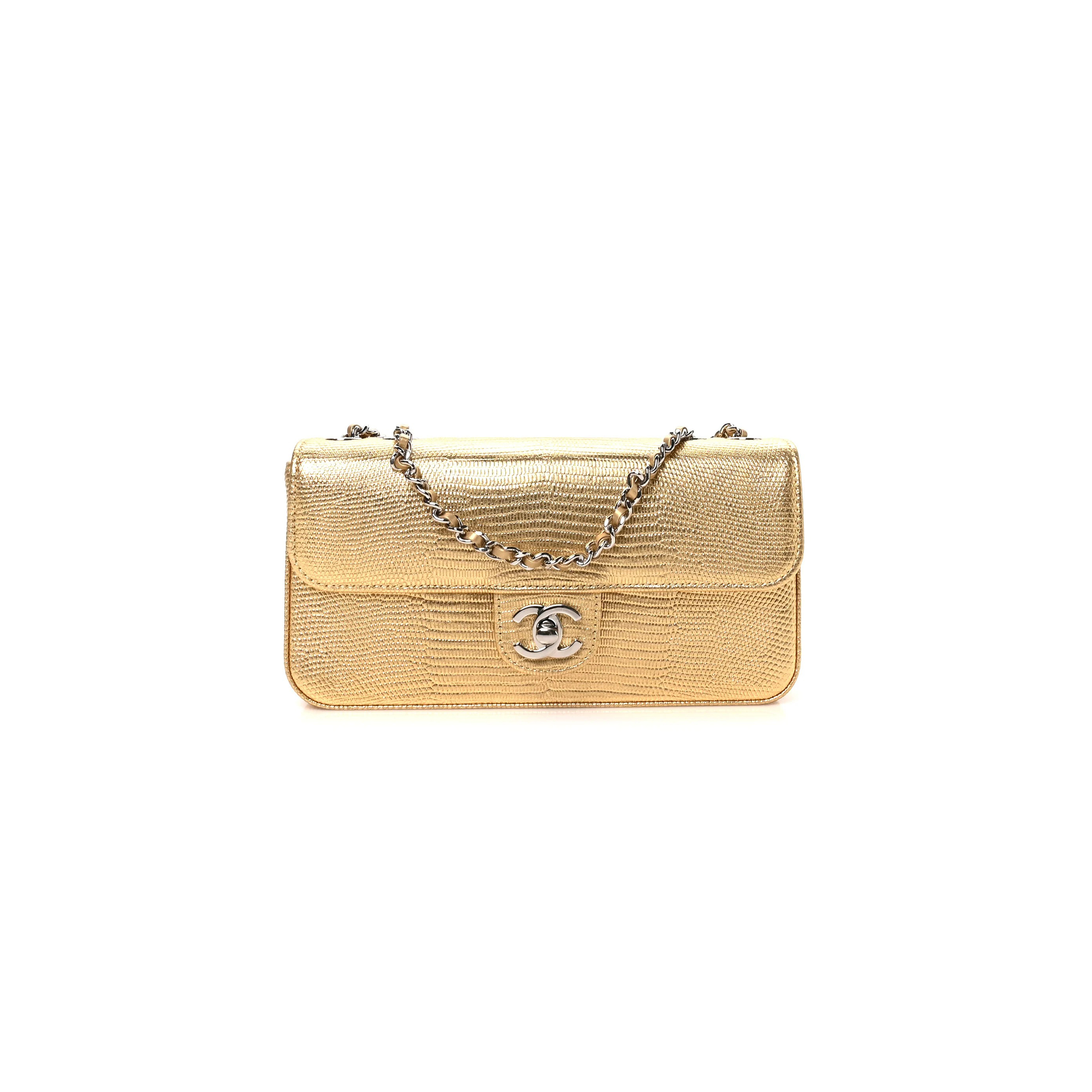 CHANEL MASTER METALLIC CALFSKIN LIZARD EMBOSSED SMALL EAST WEST FLAP GOLD (21.5*12*4cm)